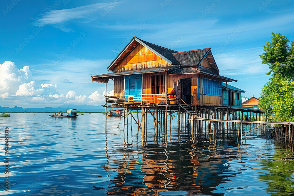 Fototapeta premium A house is floating on a body of water.