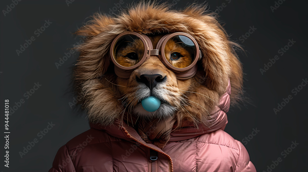 Fototapeta premium Wearing a pink jacket and goggles, with a blue bubble in mouth