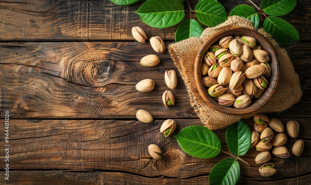 Bowl of fresh pistachios on a rustic wooden table surrounded by green leaves. Free copy space for banner. Bowl of fresh pistachios on a rustic wooden table surrounded by green leaves. Free copy space for banner.
