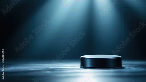 A minimalist stage with dramatic lighting, featuring a single black platform ready for performance or presentation.