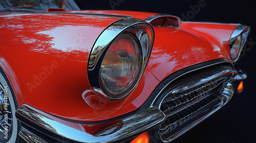 Close-up of vintage red classic car headlights with chrome details photo