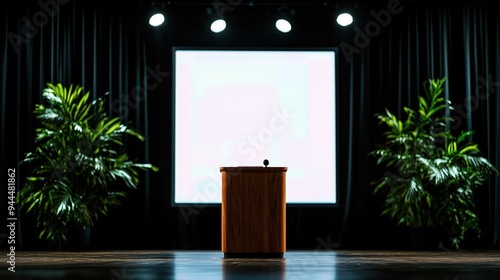 A professional podium setup with plants, ideal for presentations or speeches in an elegant setting. photo