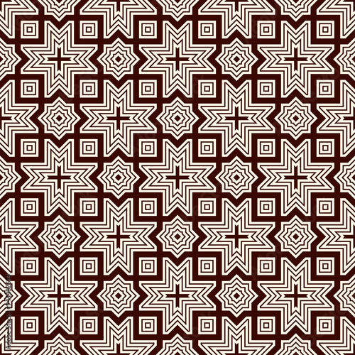 Seamless surface design with arabic ornament. Moroccan stars and crosses motif. Oriental traditional pattern with repeated mosaic tile. Tracery window wallpaper. Arabesque digital paper, textile print