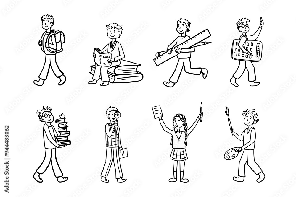 Large set of school students in doodle style. Back to school. Education. Great for textile fabric design, wrapping paper, banner, posters, cards, stickers, professional design. Large set of school students in doodle style. Back to school. Education. Great for textile fabric design, wrapping paper, banner, posters, cards, stickers, professional design.