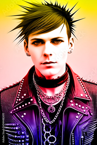 a punk rock singer, spikes, jean, leather, grunge , halftone dots, chains, ripped paper, anarchy, rebellion, attitude, studs, patches, graffiti, distortion, loud, rebellion, anti-establishment photo