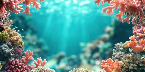 Underwater ocean background framed by colorful coral
