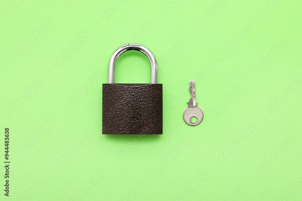 Padlock with key on green background Padlock with key on green background