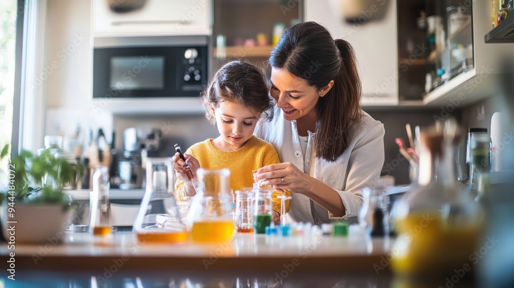 Mother and daughter engaging in a fun and educational science experiment in a modern kitchen setting, Mother and daughter engaging in a fun and educational science experiment in a modern kitchen setting,