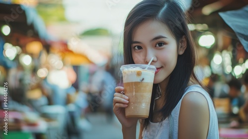 Young woman enjoying iced coffee at a vibrant Thai street market with colorful blurred background.