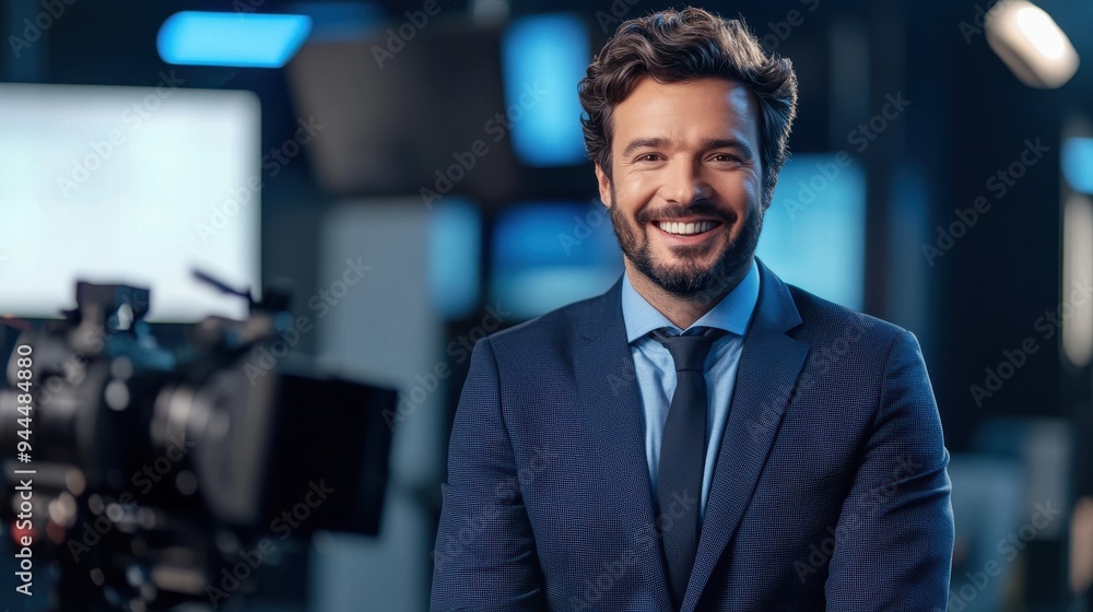 Fototapeta premium Confident male presenter smiling in professional news studio setup with camera and blue tones background