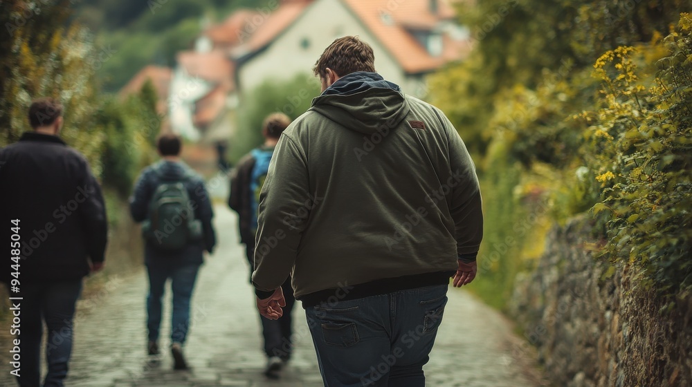 Fototapeta premium Group of friends walking along a scenic cobblestone path in a picturesque European village setting, surrounded by lush greenery and charming architecture