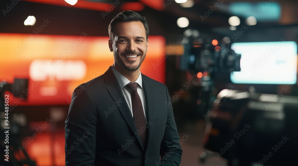 Fototapeta premium Confident male news anchor in a professional studio setting with vibrant background and camera equipment for media production