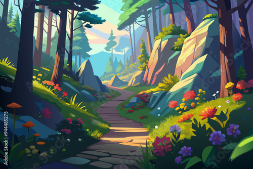 A picturesque forest trail teeming with vibrant greenery and colorful flowers, set against rugged cliffs and dappled sunlight, creates a tranquil and inviting atmosphere.
