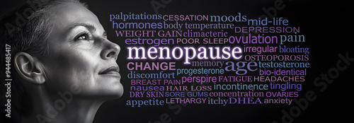 Oh the many joys of Menopause Word Cloud - 50 year old woman looking into the distance beside a word cloud relevant to the Menopause on a dark background
