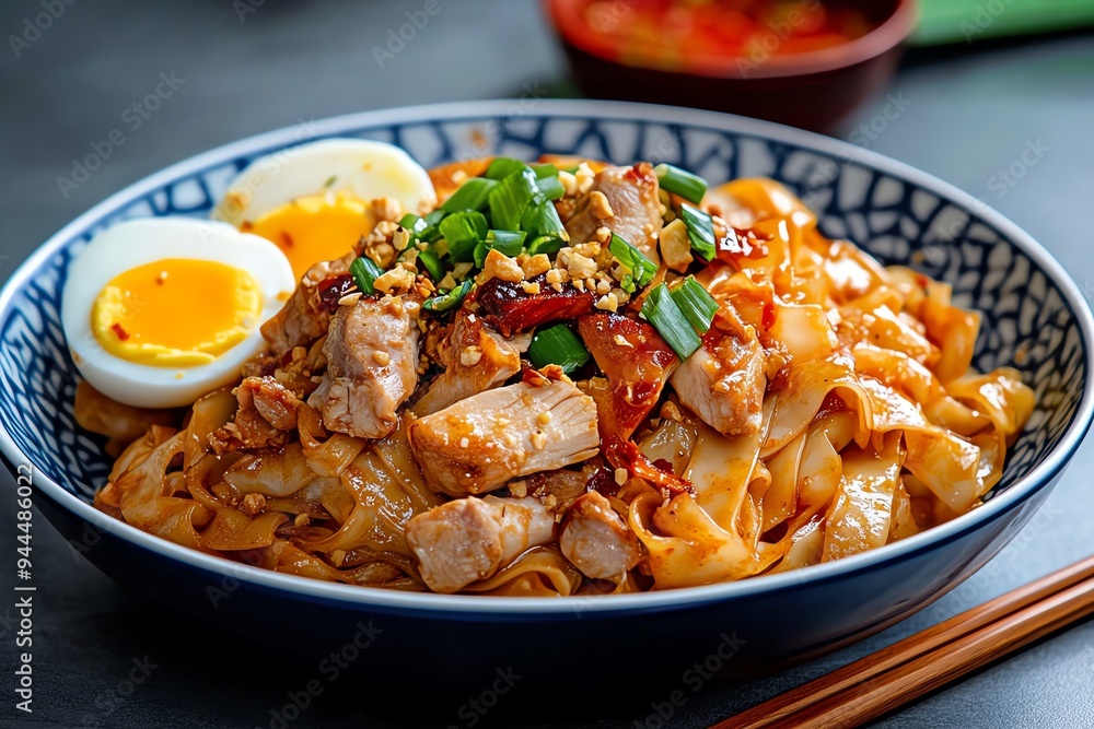 A dish of Kuay Teow Kua Gai, stir-fried flat noodles with chicken, egg, and a sprinkle of green onions