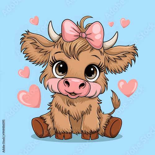 A cartoon illustration of a baby Highland cow sitting down
