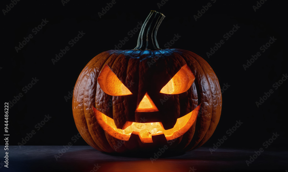 A carved pumpkin with a lit candle inside sits on a dark surface A carved pumpkin with a lit candle inside sits on a dark surface