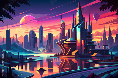 A futuristic city featuring stunning architecture set against a vivid sunset sky, with reflections on water, encapsulating a visionary blend of nature and technology.
