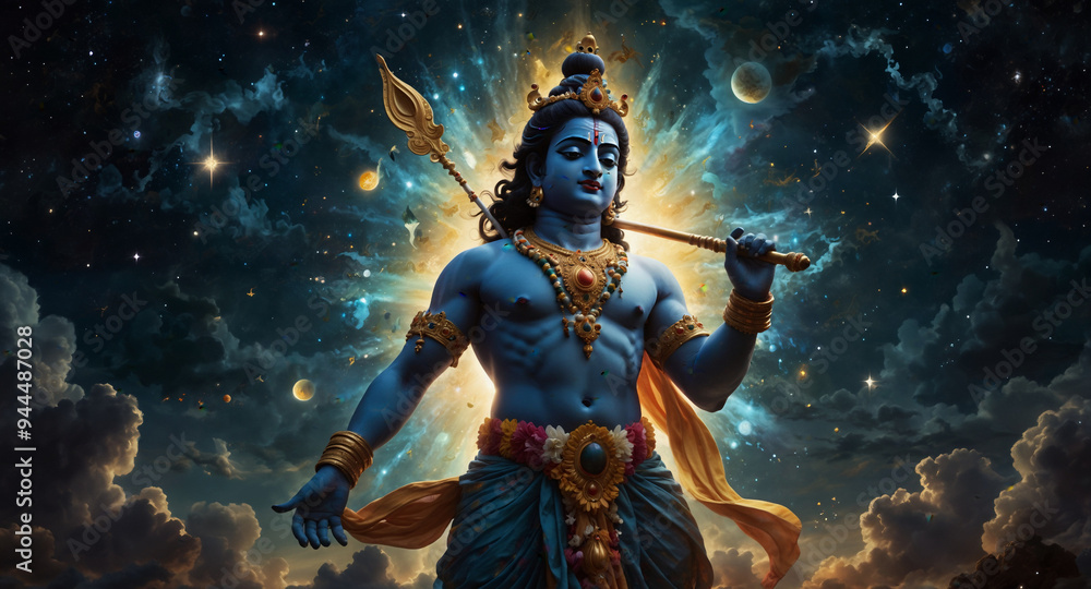 Majestic Hindu God Krishna in Divine Cosmic Setting Majestic Hindu God Krishna in Divine Cosmic Setting