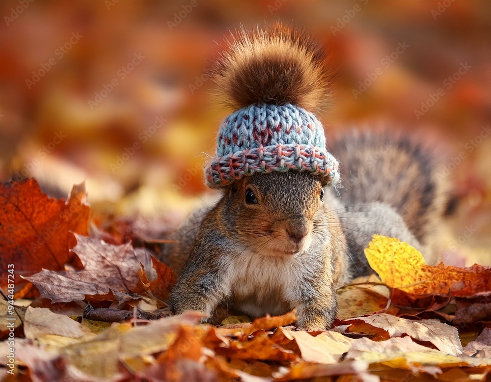 Groundhog squirrel wearing winter knitted hat laying on the fallen leaves Groundhog squirrel wearing winter knitted hat laying on the fallen leaves