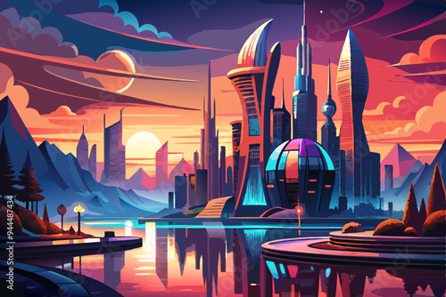 A futuristic city featuring stunning architecture set against a vivid sunset sky, with reflections on water, encapsulating a visionary blend of nature and technology.
