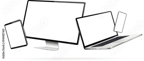 Computer monitor, laptop, tablet pc and mobile phone while levitating in the air on a white background