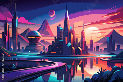 A futuristic city featuring stunning architecture set against a vivid sunset sky, with reflections on water, encapsulating a visionary blend of nature and technology.
