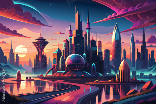 A futuristic city featuring stunning architecture set against a vivid sunset sky, with reflections on water, encapsulating a visionary blend of nature and technology.
