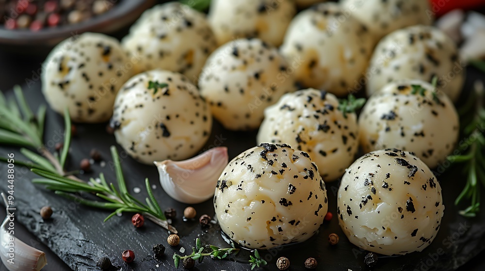 Closeup of small, round cheese balls covered in black peppercorns on a black slate board with fresh rosemary and garlic cloves. Closeup of small, round cheese balls covered in black peppercorns on a black slate board with fresh rosemary and garlic cloves.