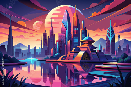 A futuristic city featuring stunning architecture set against a vivid sunset sky, with reflections on water, encapsulating a visionary blend of nature and technology.

