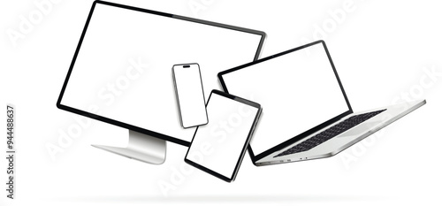 Laptop, computer, smartphone and tablet while levitating in the air on a white background