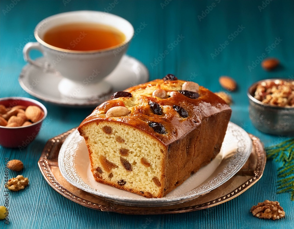 Norwegian sweet bread (julekake) with candied fruits and nuts, served with tea Norwegian sweet bread (julekake) with candied fruits and nuts, served with tea