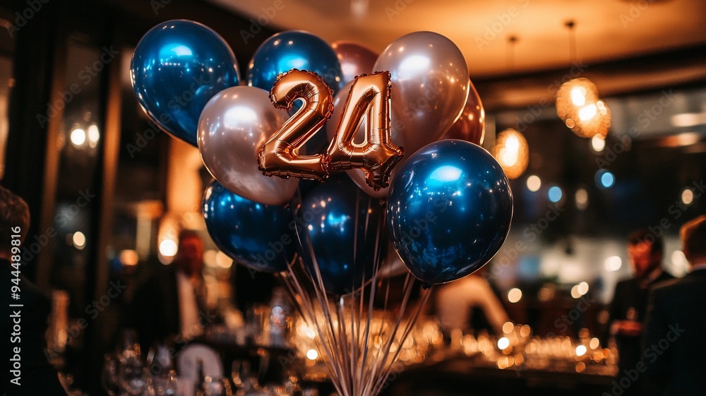 Fototapeta premium An elegant 24th birthday celebration featuring a bunch of sparkling balloons with bokeh lights in the background, creating a festive and luxurious atmosphere.