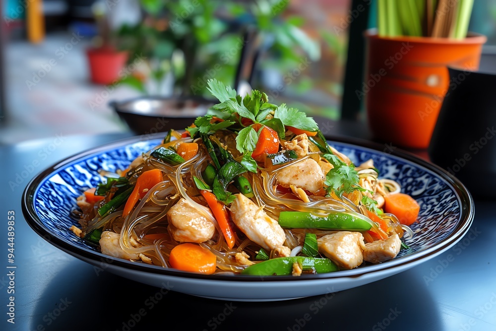 A plate of Pad Woon Sen, stir-fried glass noodles with vegetables, chicken, and a light soy sauce A plate of Pad Woon Sen, stir-fried glass noodles with vegetables, chicken, and a light soy sauce