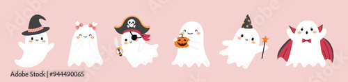 Halloween ghost set vector illustration. Cute ghosts in various costumes. Childish spooky boo characters for kids. October holiday spirits. Isolated flat cartoon illustrations of comic phantoms