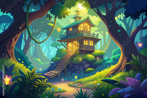 A magical treehouse nestled in a vibrant forest, adorned with glowing yellow light, surrounded by lush vegetation, flowers, and whimsical architecture.
