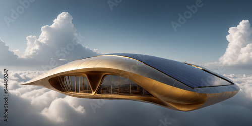 Antigravity futuristic modern house, floating above the clouds during sunset using electromagnetism technology. Architecture of the future. Anti-gravity villa photo