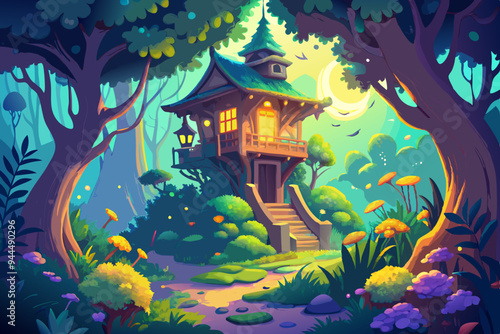 A magical treehouse nestled in a vibrant forest, adorned with glowing yellow light, surrounded by lush vegetation, flowers, and whimsical architecture.
