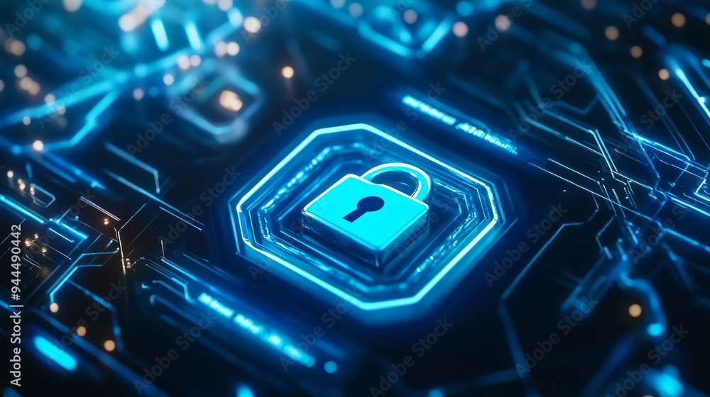 Concept of cybersecurity, data protection, and a padlocked button on a blue touchscreen Concept of cybersecurity, data protection, and a padlocked button on a blue touchscreen