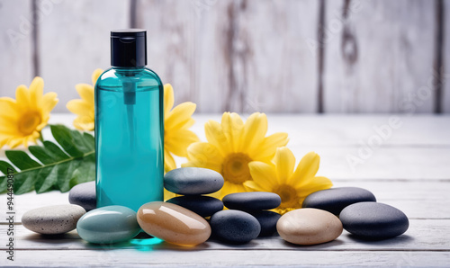 A bottle of blue liquid sits amongst smooth stones and yellow flowers on a white wooden surface