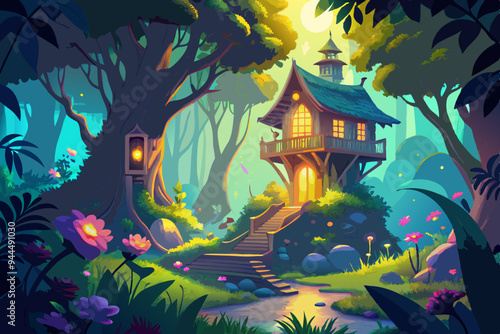 A magical treehouse nestled in a vibrant forest, adorned with glowing yellow light, surrounded by lush vegetation, flowers, and whimsical architecture.

