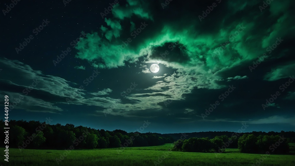 Fototapeta premium green themed dramatic clouds in night sky with stunning moon background