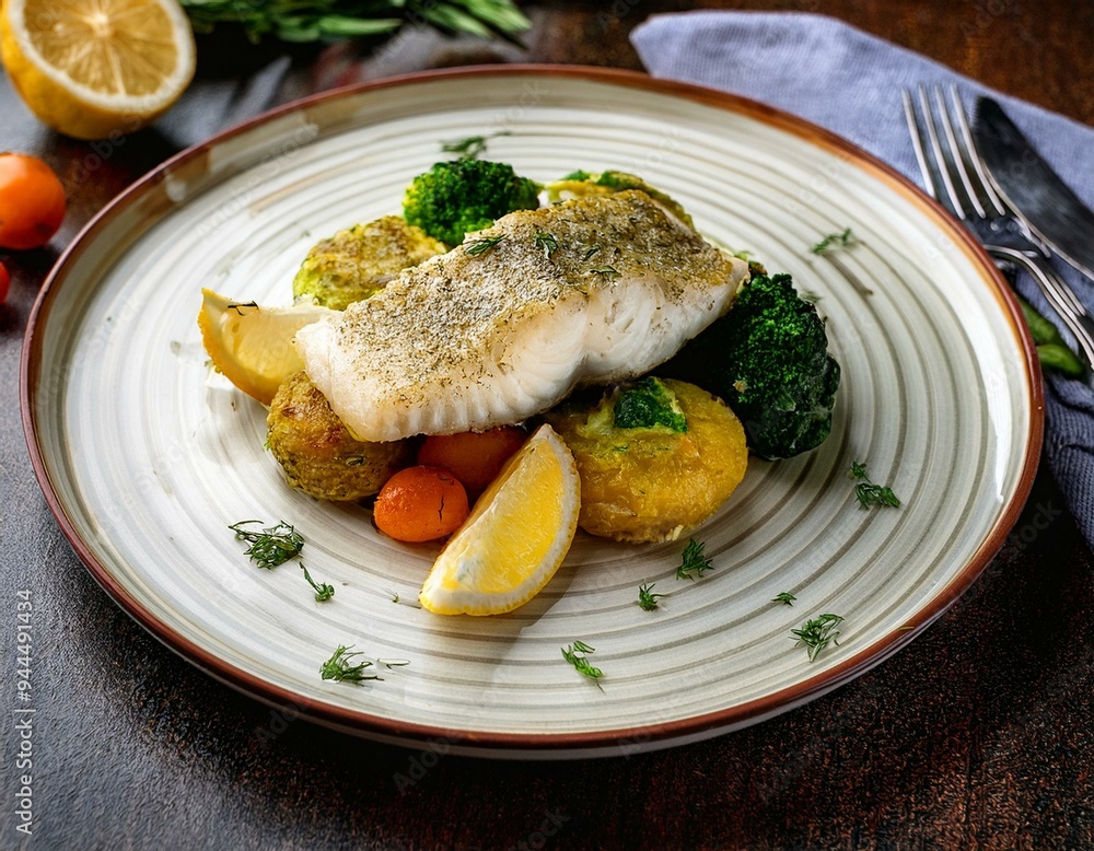 Norwegian baked cod (bakskuld) with a lemon and herb crust, served with vegetables Norwegian baked cod (bakskuld) with a lemon and herb crust, served with vegetables