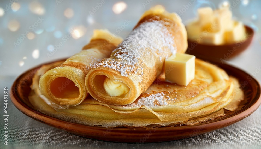 Close-up of Norwegian lefse (soft flatbread) with butter and sugar, rolled and sliced pancake Close-up of Norwegian lefse (soft flatbread) with butter and sugar, rolled and sliced pancake