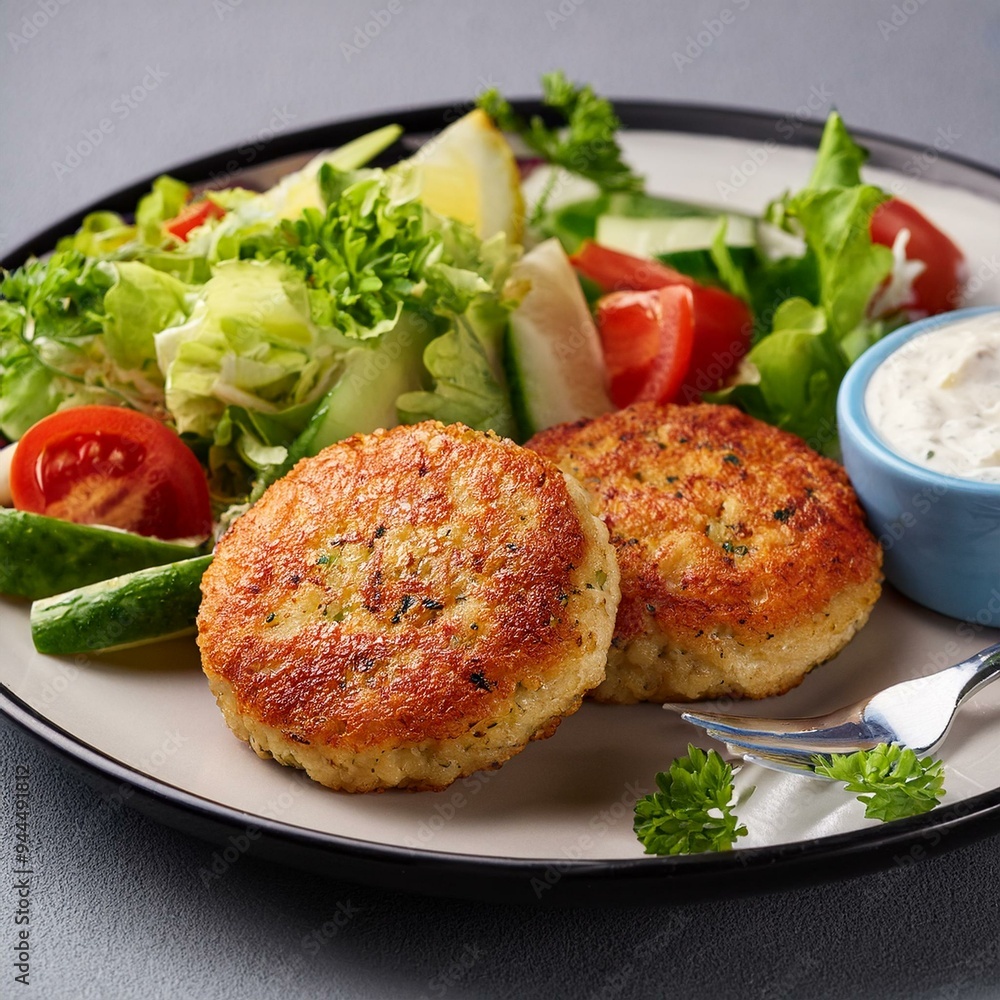 Norwegian fish cakes (fiskekaker) served with a side of remoulade and fresh vegetables Norwegian fish cakes (fiskekaker) served with a side of remoulade and fresh vegetables