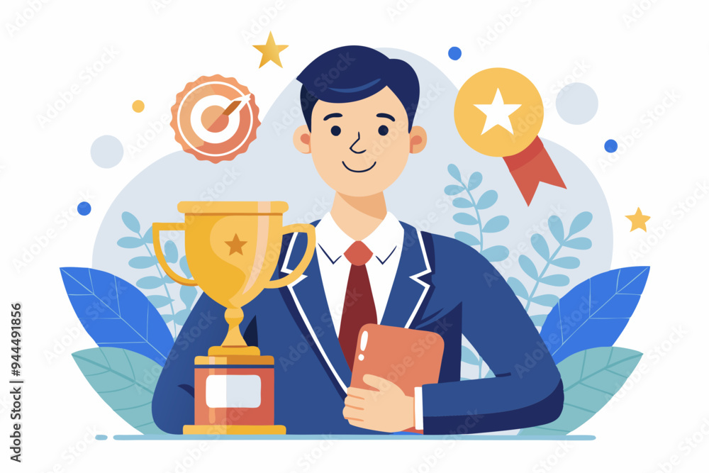 Employee of the month award winner, high performance champion, gold medal reward, success or victory recognition prize, leadership or achievement concept, success businessman holding trophy badge.
Employee of the month award winner, high performance champion, gold medal reward, success or victory recognition prize, leadership or achievement concept, success businessman holding trophy badge.