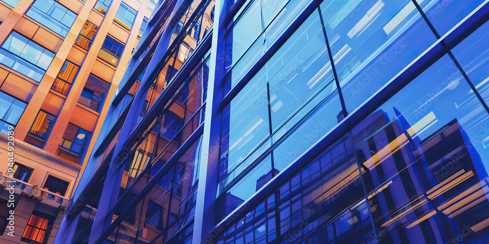 Obraz premium A close-up of a modern office building façade in New York, reflecting the bustling city life with its glass and steel structure