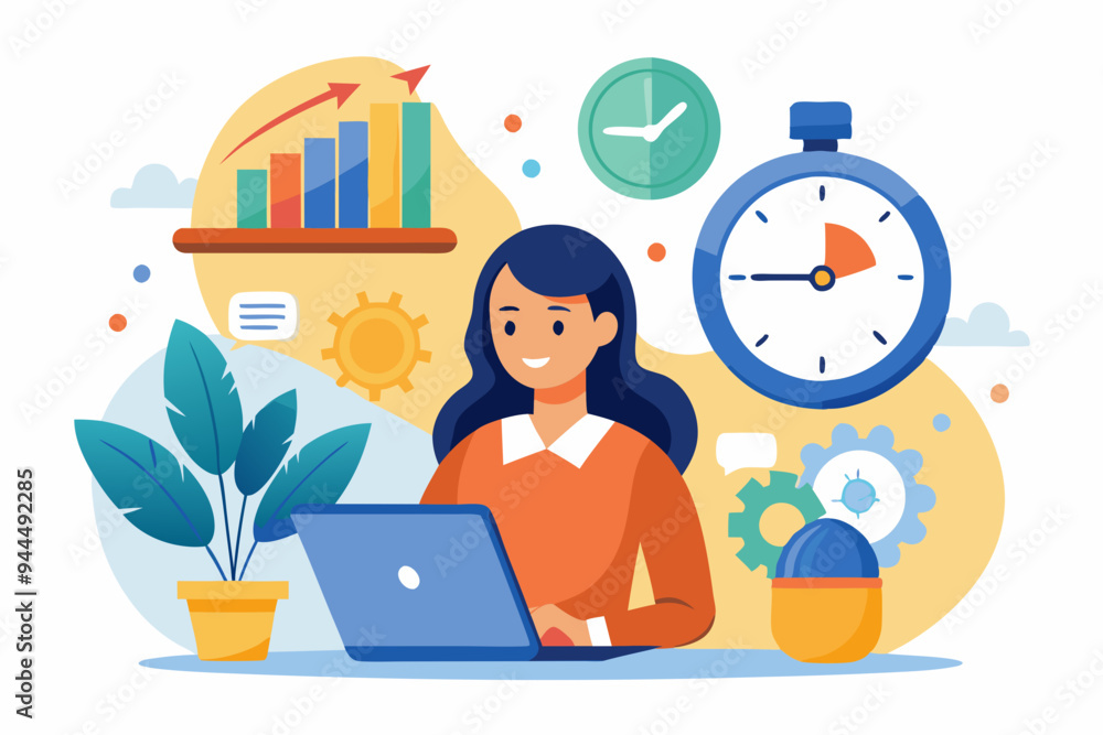 Part-time job, work tracking system, day planning or time management, side hustle or office work deadline, start and end time schedule concept, businesswoman working with laptop on split time clock.
Part-time job, work tracking system, day planning or time management, side hustle or office work deadline, start and end time schedule concept, businesswoman working with laptop on split time clock.
