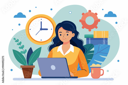 Part-time job, work tracking system, day planning or time management, side hustle or office work deadline, start and end time schedule concept, businesswoman working with laptop on split time clock. 
