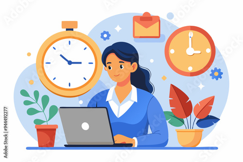 Part-time job, work tracking system, day planning or time management, side hustle or office work deadline, start and end time schedule concept, businesswoman working with laptop on split time clock. 
